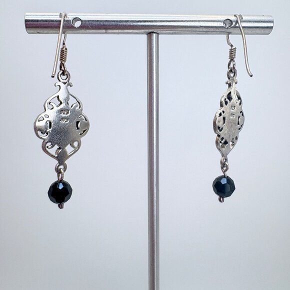 Sterling Silver 925 Black Onyx Scroll Flower Dangle Earrings Size 1.5" Length - Picture 4 of 9